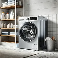 modern front-loading washing machine in a laundry room
