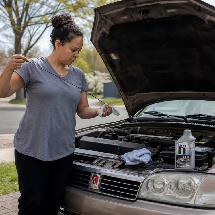 Woman checks oil level on car engine with hood open and oil container nearby