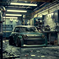 green scion in an auto repair shop