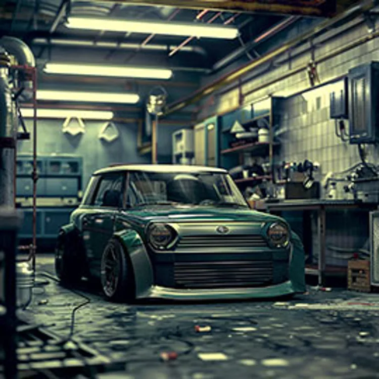 green scion in an auto repair shop