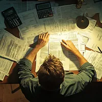 man reviewing various documents on a table under a light source