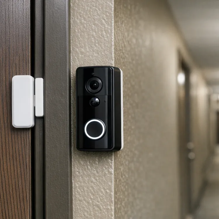 video doorbell and door sensor on apartment door in hallway
