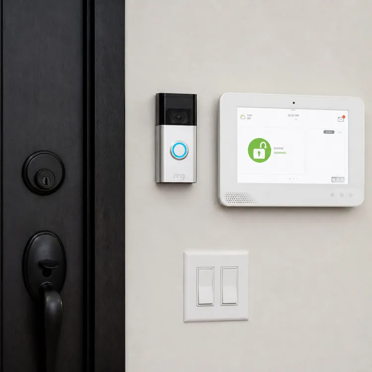 Video doorbell and security control panel mounted on a wall near a front door