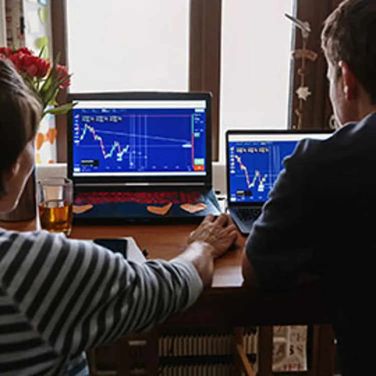 couple looking at investment charts in computers