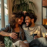 a couple lounging in a living room