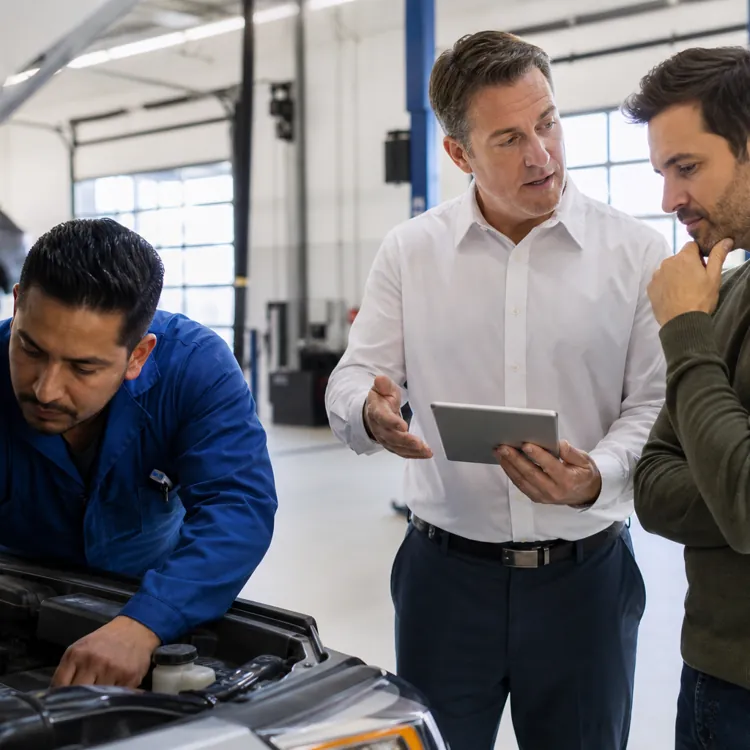 Mechanic working on a car engine while two men discuss details using a tablet in a garage