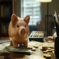 piggy bank sitting on a pile of money on the table