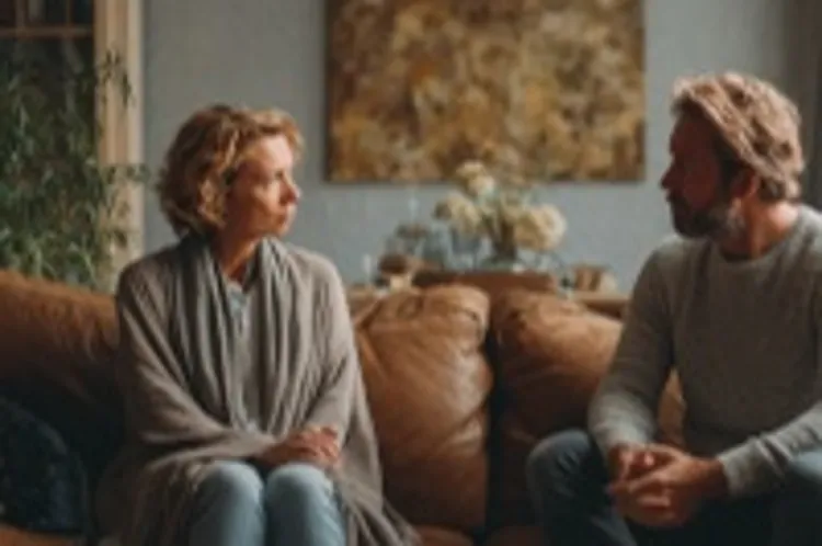 troubled-looking couple looking at each other