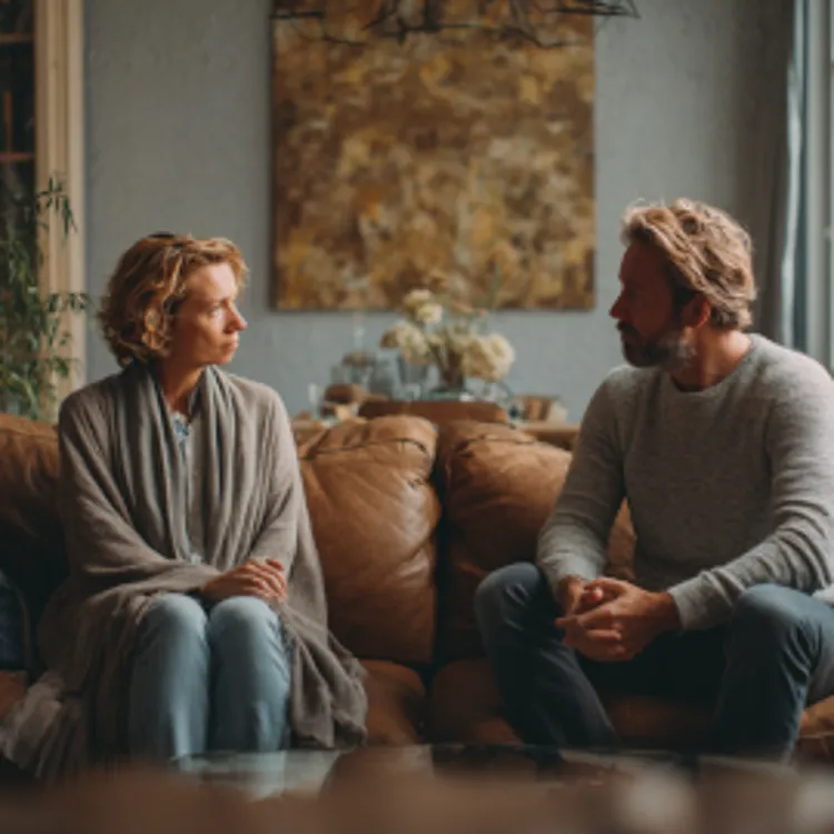 troubled-looking couple looking at each other