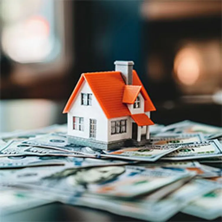 small model house placed on top of scattered dollar bills