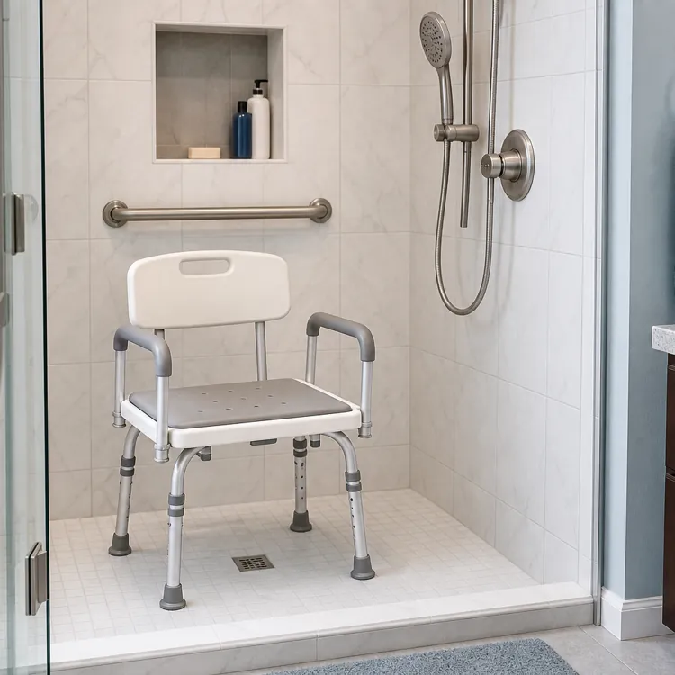 Shower with a white chair, grab bar, handheld showerhead, and blue towel on the wall