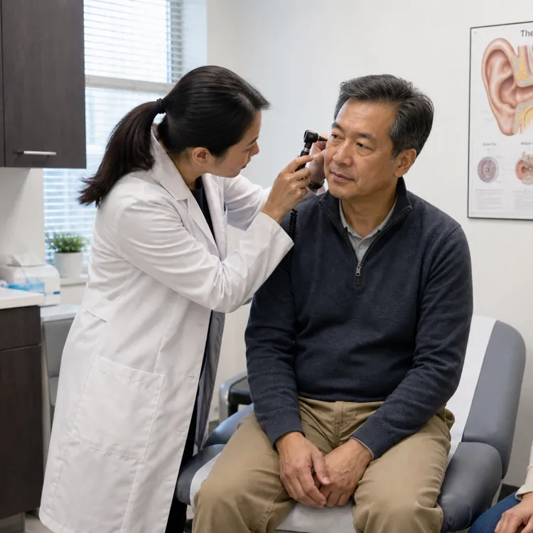 Doctor examining a man's ear with an otoscope while a woman sits nearby in a medical clinic