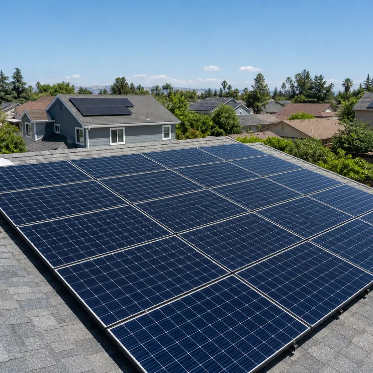 Large solar panel array on a suburban house roof with other homes in the background