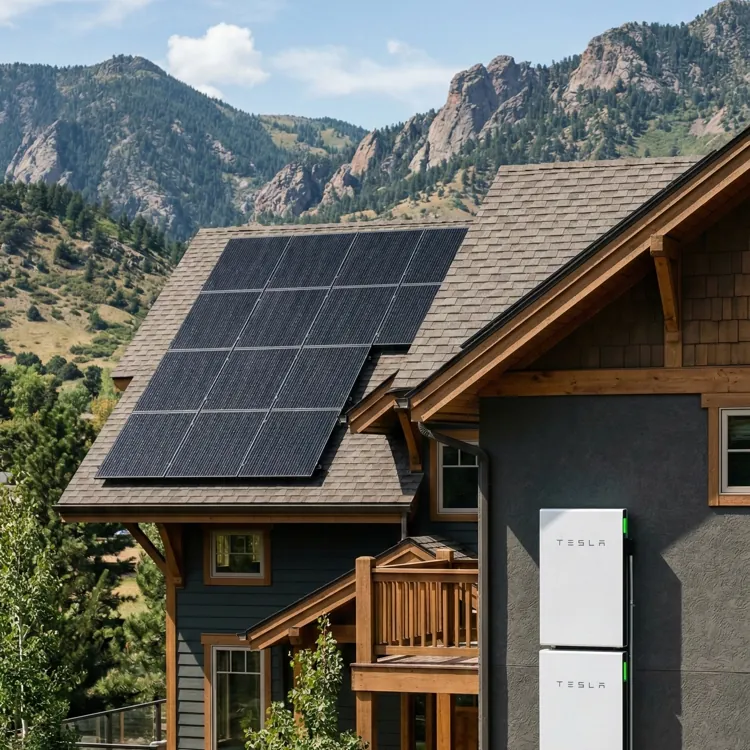 House with rooftop solar panels in a mountain setting