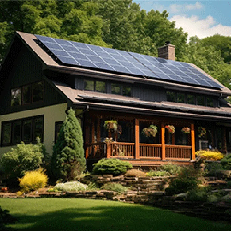 beautiful elevated house powered by solar with landscape and big trees behind