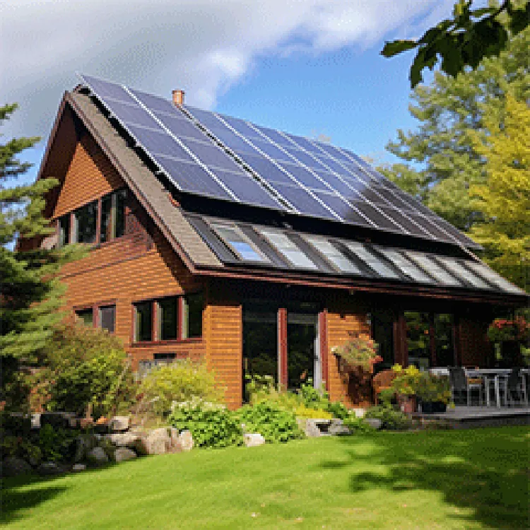 nice house made of glass and bricks with solar roof on a bright day