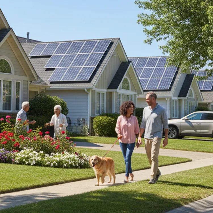 Row of suburban homes with solar panels, people walking and gardening on a sunny day