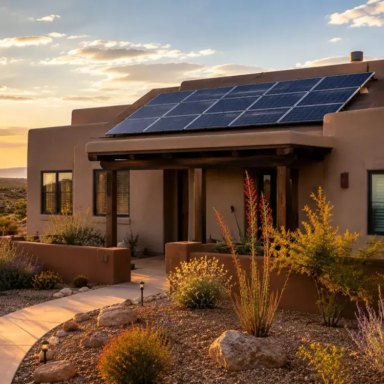 solar panels on a stucco house in a desert setting at sunset