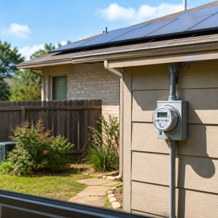 Electric meter mounted on a house exterior with solar panels on the roof seen from a window