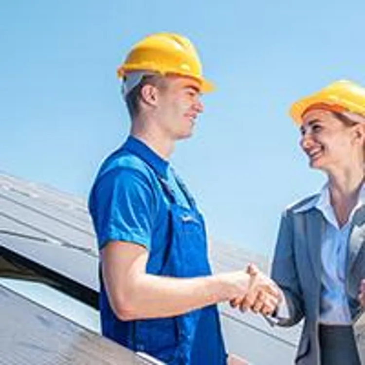 man and woman shaking hands among solar panels
