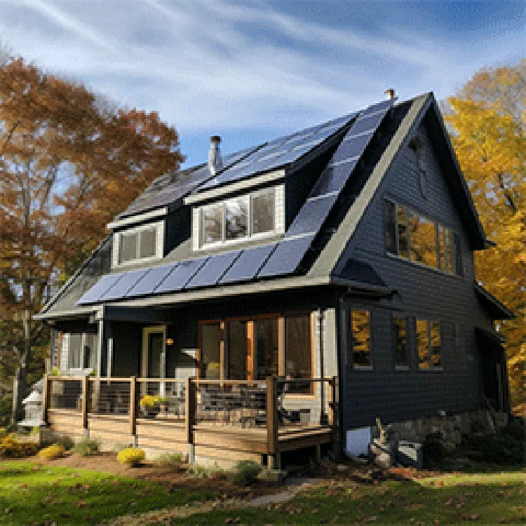big house with solar panels and a nice porch on a cloudy day