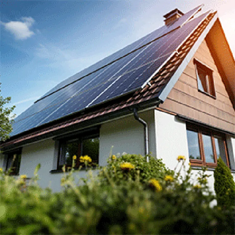 Beautiful white wall house with solar panel built on the roof on a bright clear day