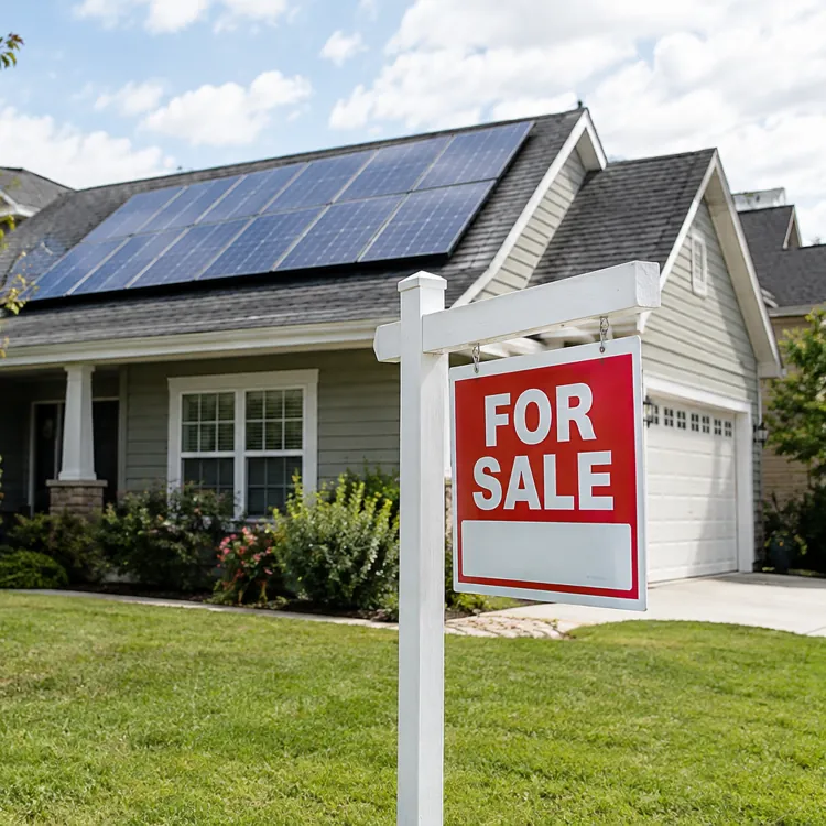 Single-story house with solar panels on the roof and a for sale sign in the front yard