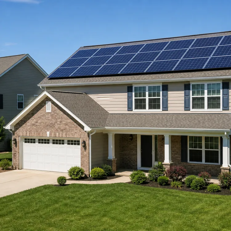 Two story suburban house with solar panels installed on the roof and a green lawn in front
