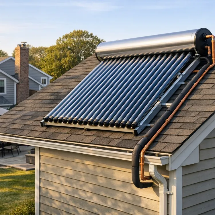 solar water heater system installed on a house roof with copper piping