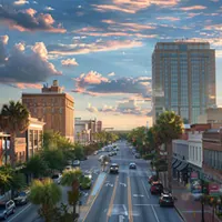 wide road lined mid-rise buildings