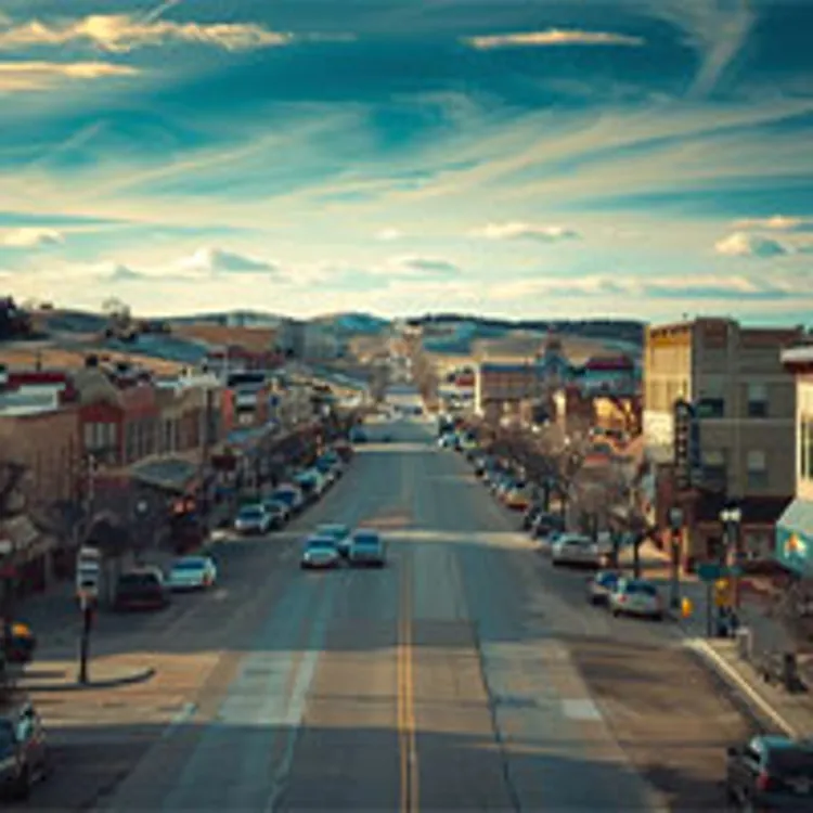 street in a town in South Dakota with commercial buildings on both sides