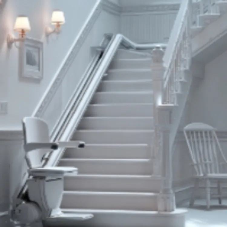 a white stair lift installed at the bottom of some stairs