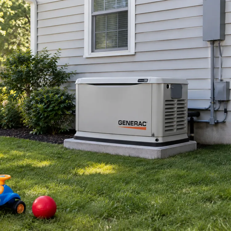 Standby generator installed next to a house with a toy car and red ball on the grass