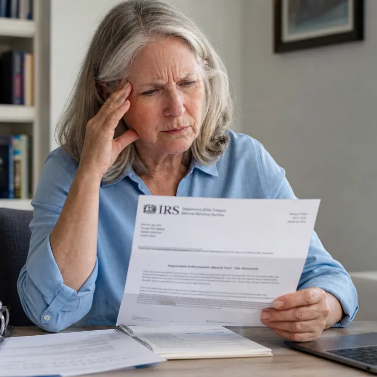 Older woman reading IRS letter at desk with laptop and documents, looking concerned
