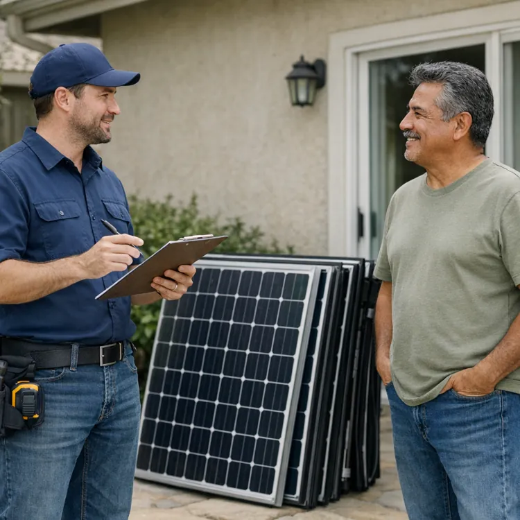 Technician with clipboard talks to homeowner near solar panels outside house