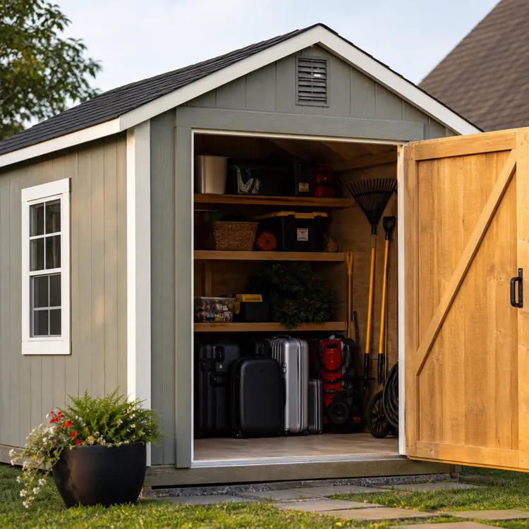 small backyard shed with open door showing tools and storage shelves inside
