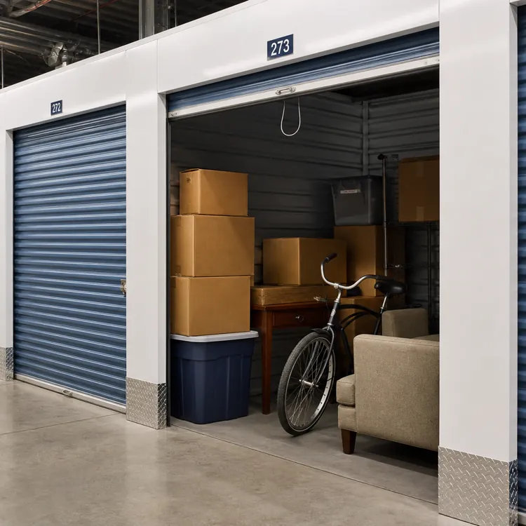 Open storage unit with boxes, a bicycle, a chair, and a table inside