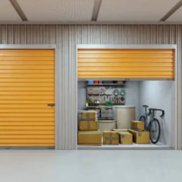 A storage unit holds boxes and a bike, ideal for moving or extra storage needs.