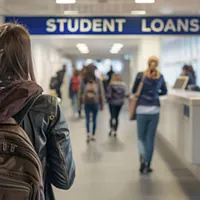college students in queue for student loans counter