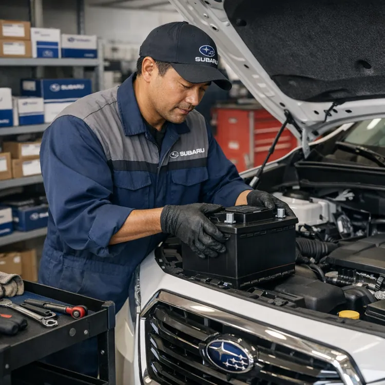 Mechanic replacing a car battery in a Subaru vehicle at an auto repair shop