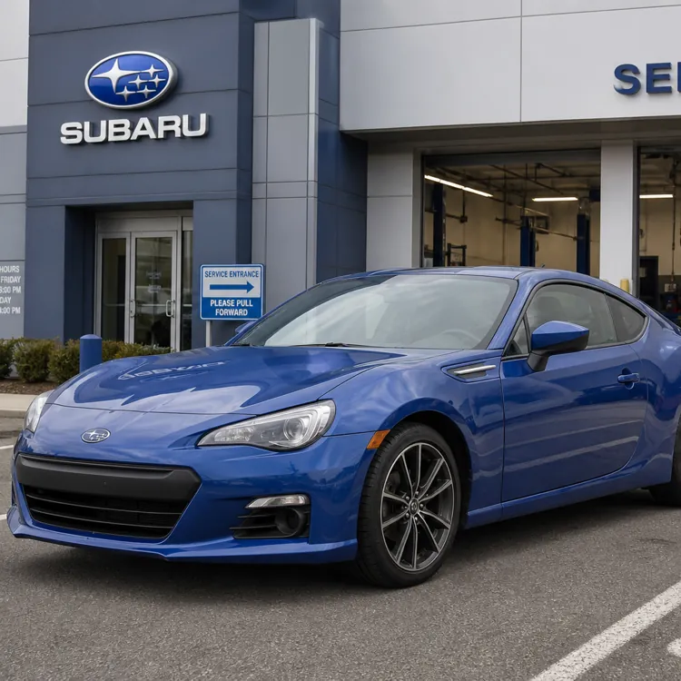 Blue Subaru coupe parked outside a Subaru dealership service entrance