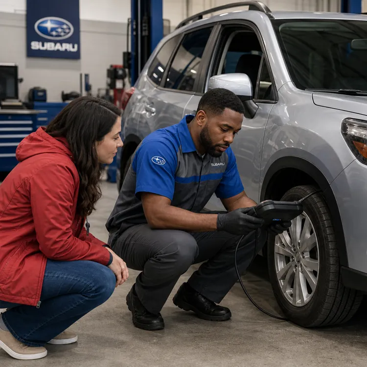 Mechanic showing a woman a diagnostic tool while inspecting a silver SUV in an auto repair shop