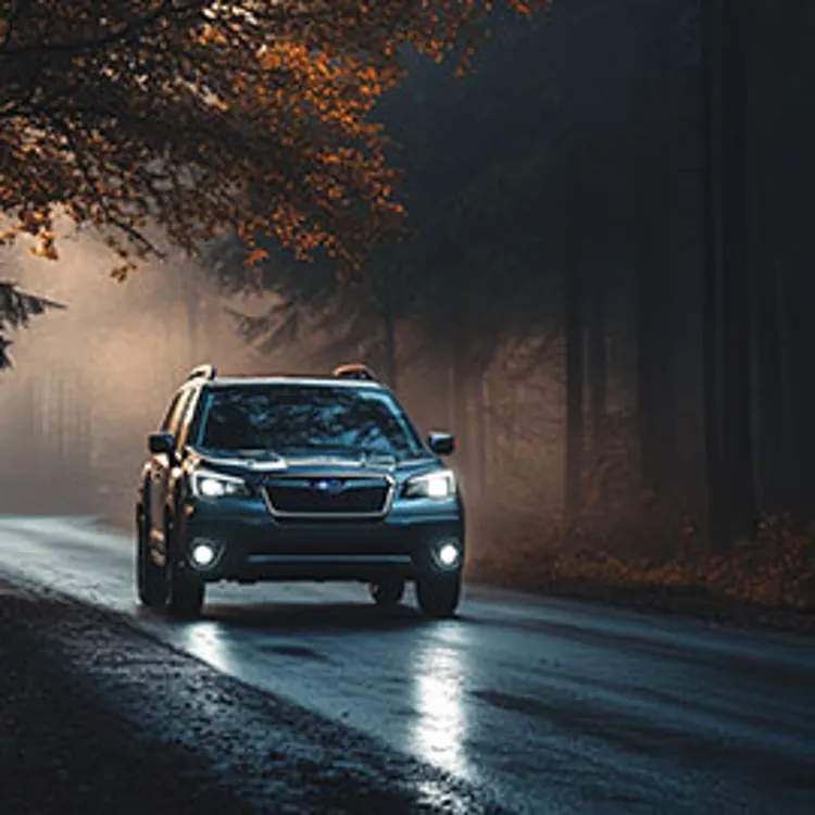 dark colored compact crossover suv on a wet forest road