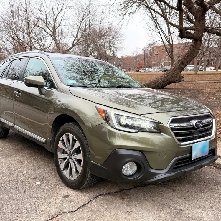 Green SUV parked on a street beside a park with bare trees on an overcast day.
