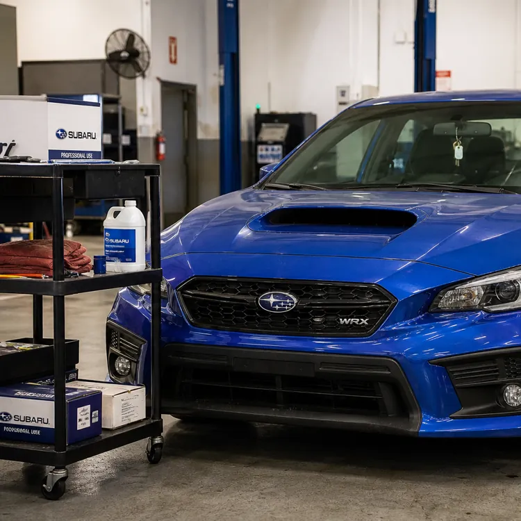 Blue Subaru sedan parked in a clean auto repair shop next to a cart with car supplies