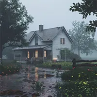 puddles of water on pathway leading to house after heavy rain