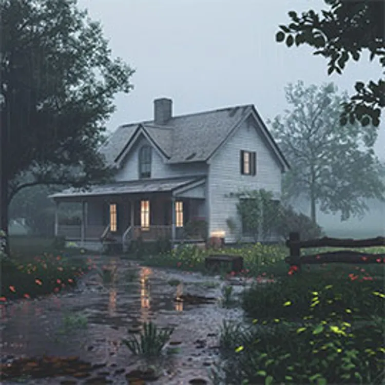 puddles of water on pathway leading to house after heavy rain