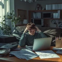 a man with his hands on his head, leaning on a table