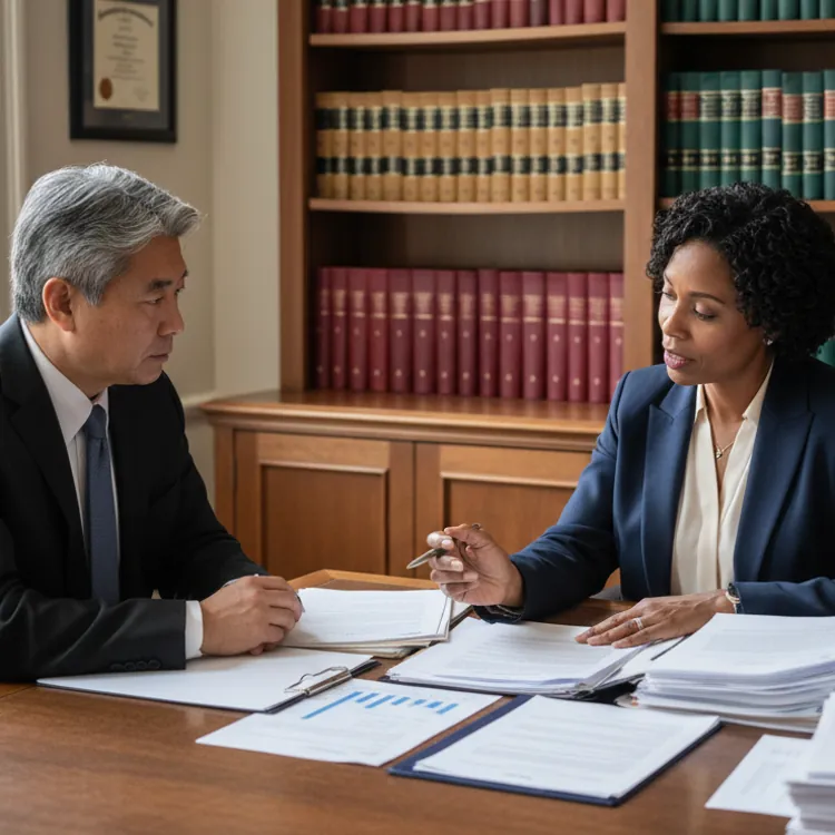 Two professionals in formal attire discussing documents at a table in an office with bookshelves in the background.