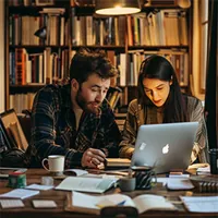 man and woman working and looking at laptop